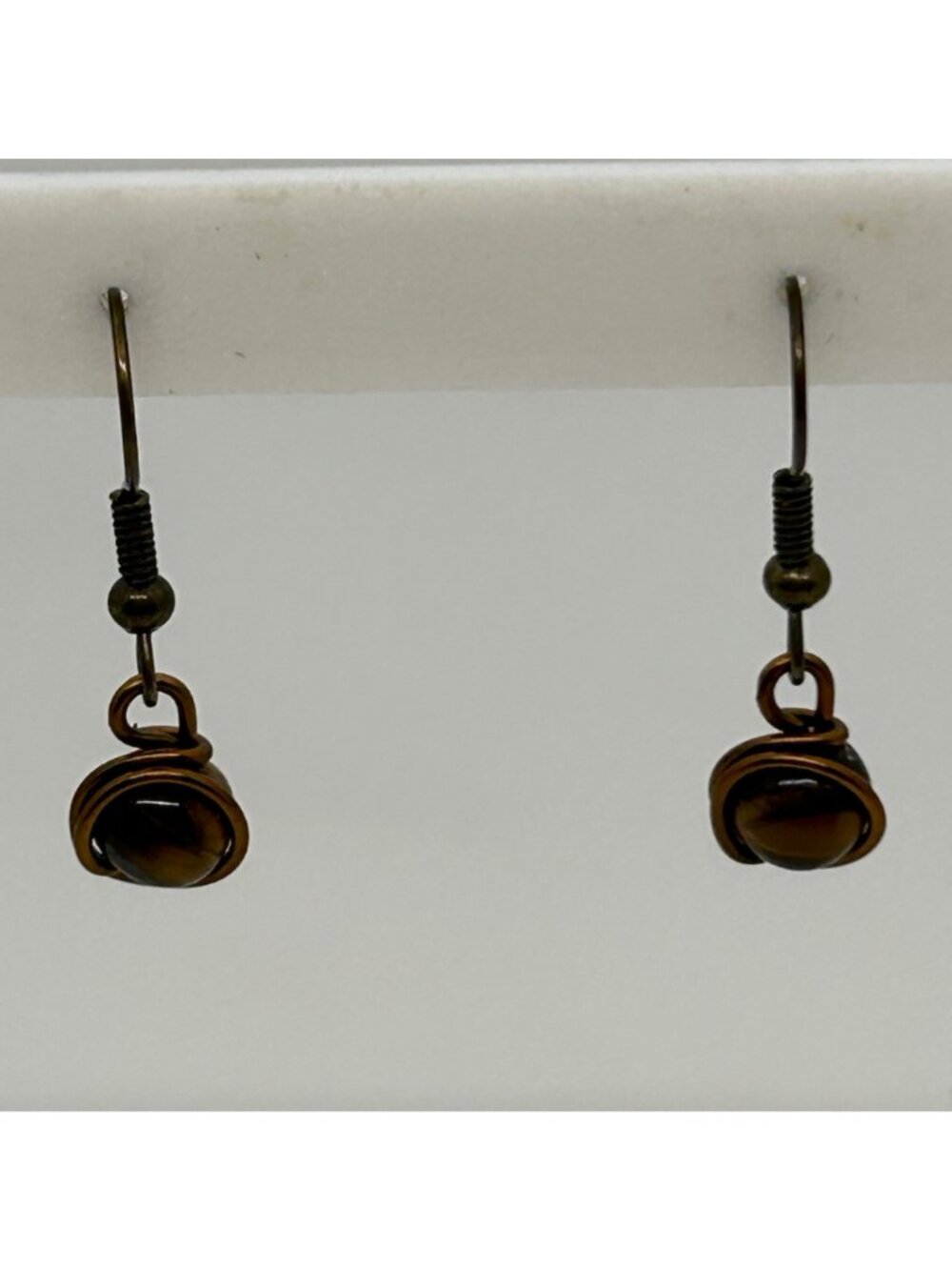 Handmade Tiger Eye Earrings, Bronze Tone Wire-Wrapped Gemstone Bead Dangle Drop - Picture 7 of 10
